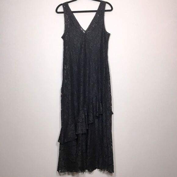 Formal black lace sleeveless dress with dress lining asymmetrical ruffle size M - Picture 5 of 11